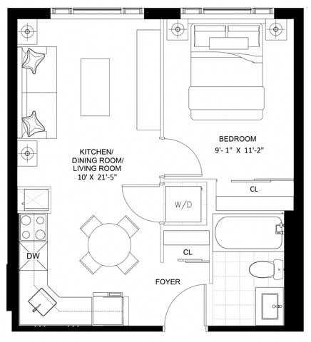 Floor plan for 1 bed, 1 bath, 456 sqft